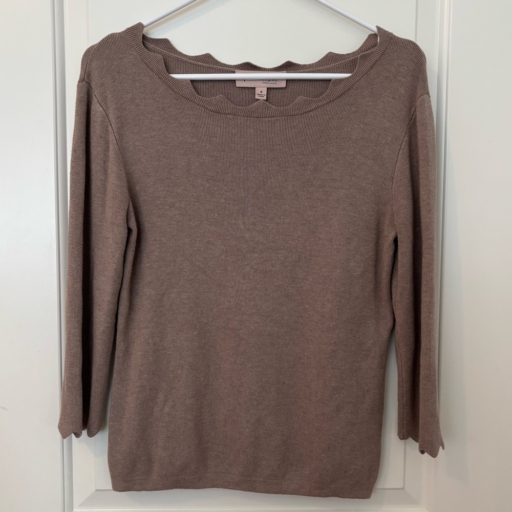 Philosophy Scallop Edge Boat Neck Ribbed 3/4 Sleeve Sweater Size Taupe Tan Small